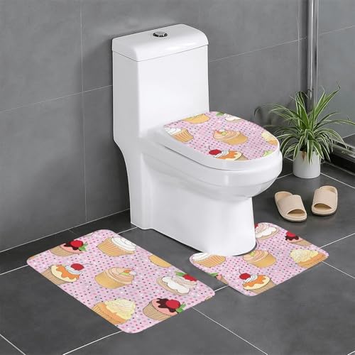 QGGHNISD Flanell-Badezimmerteppich-Set mit Kuchenmuster, rutschfest, saugfähig, U-förmiger Konturteppich und Deckelbezug, weich, waschbar, 3-teilig von QGGHNISD
