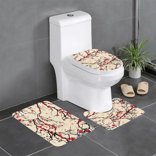 QGGHNISD Trees Flanell-Badezimmerteppich-Set, rutschfest, saugfähig, U-förmiger Konturteppich und Deckelbezug, weich, waschbar, 3-teilig von QGGHNISD