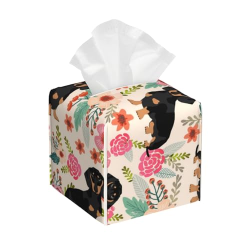 Quadratische Taschentuchbox aus Leder, Dackel-Blumenmuster, wasserdicht und langlebig, Heimdekoration, Aufbewahrungsbox, Schreibtisch, Badezimmer, Auto, niedlicher Taschentuchbeutel Quadratische Taschentuchbox aus Leder, Dackel-Blumenmuster, wasserdicht und langlebig, Heimdekoration, Aufbewahrungsbox, Schreibtisch, Badezimmer, Auto, niedlicher Taschentuchbeutel von QGGHNISD