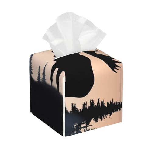 Quadratische Taschentuchbox aus Leder, Motiv: Elch, Berg, Kiefernbaum, Wildnis, wasserdicht und langlebig, Heimdekoration, Aufbewahrungsbox, Schreibtisch, Badezimmer, Auto, niedlicher Quadratische Taschentuchbox aus Leder, Motiv: Elch, Berg, Kiefernbaum, Wildnis, wasserdicht und langlebig, Heimdekoration, Aufbewahrungsbox, Schreibtisch, Badezimmer, Auto, niedlicher von QGGHNISD