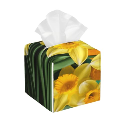 Quadratische Taschentuchbox aus Leder, Motiv: Narzissen und Blumen, wasserdicht und langlebig, Heimdekoration, Schreibtisch, Badezimmer, Auto, niedlicher Taschentuchbeutel Quadratische Taschentuchbox aus Leder, Motiv: Narzissen und Blumen, wasserdicht und langlebig, Heimdekoration, Schreibtisch, Badezimmer, Auto, niedlicher Taschentuchbeutel von QGGHNISD