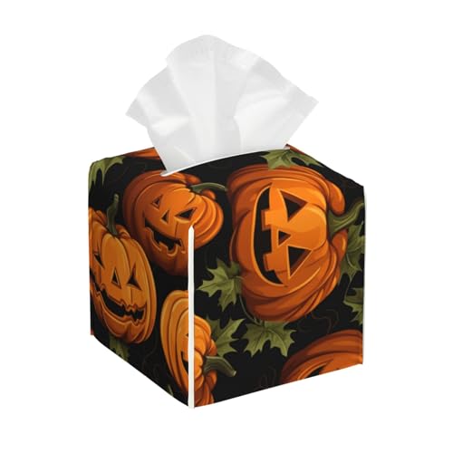 Quadratische Taschentuchbox aus Leder mit Halloween-Kürbis-Muster, wasserdicht und langlebig, Heimdekoration, Aufbewahrungsbox, Schreibtisch, Badezimmer, Auto, niedlicher Taschentuchbeutel Quadratische Taschentuchbox aus Leder mit Halloween-Kürbis-Muster, wasserdicht und langlebig, Heimdekoration, Aufbewahrungsbox, Schreibtisch, Badezimmer, Auto, niedlicher Taschentuchbeutel von QGGHNISD