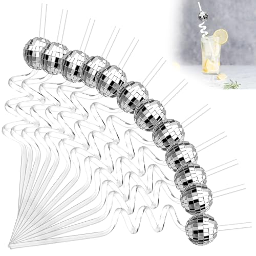 Discokugel Strohhalme, Cocktail Strohhalme 12 pcs Reusable Straw Silber Strohhalm Plastik, Lockige Strohhalme, Disco Party Trinkhalme, Geeignet für Bar, Tanzparty, Urlaub, Hochzeit, Partyzubehör von QGGTQG