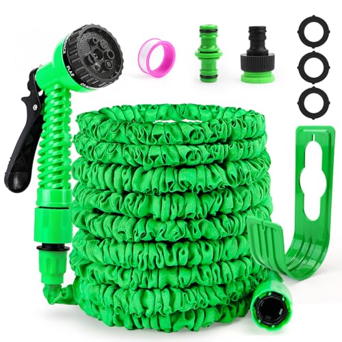 Flexibler Gartenschlauch 15 M Teleskop-Wasserschlauch mit 7-Funktions-Sprühkopf, Leichter und Knickfreier Gartenschlauch Flexibel mit 1/2" 3/4"-Anschlüssen und Wandhalterung, Bewässerung und Reinigung von QGGTQG