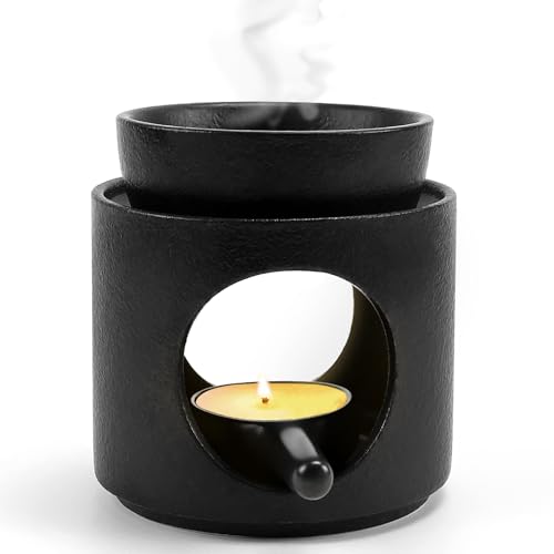 QGGTQG Duftlampe mit Teelichthalter Keramische duftlampe teelicht Aromalampe für Ätherische Öle H11cm x B 10cm Duftlampe Ambiente Teelicht mit Abnehmbare Schale Öl- und Wachsdiffusor (Schwarz) von QGGTQG
