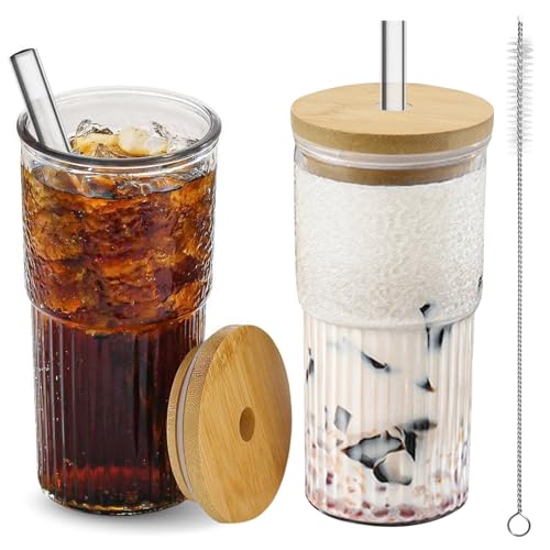 QGGTQG Gerippte Glasbecher mit Deckel und Strohhalm 2 Stück 600ml Smoothie Becher Gerippte Glasbecher Trinkglas mit Glasstrohhalmen & Reinigungsbürsten für Milch, Eiskaffee, Latte, Saft QGGTQG Gerippte Glasbecher mit Deckel und Strohhalm 2 Stück 600ml Smoothie Becher Gerippte Glasbecher Trinkglas mit Glasstrohhalmen & Reinigungsbürsten für Milch, Eiskaffee, Latte, Saft von QGGTQG