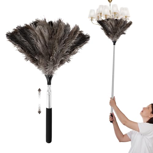 QGGTQG Strauß Staubwedel mit Teleskopstiel Teleskop Staubwedel Lang Ausziehbar Waschbar Anti-Statik Effektiver Staubfänger Verstellbar von 43cm bis 115cm für Hohe Oberflächen Deckenventilator von QGGTQG