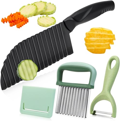 QGGTQG Wellenschneider aus Edelstahl 3 Stück Wellenschneider Gemüse 1 x Wellenmesser Riffelmesser 1 x Sparschäler 1 x Pommes Wellenmesser mit Schützendem für Gemüse, Kartoffel und Obst von QGGTQG