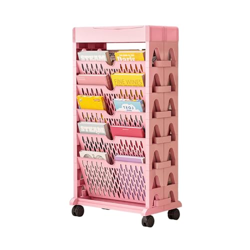 QGUQSSL Abnehmbarer Mobiler Bücherregalwagen, Mobiles Bücherregal auf Rädern, 5 Stufiges Bewegliches Lagerbuchregal, Einseitiges Bücherregal für Kinder (Mit Rad / 5 Etagen - 2 Reihe, Pink) von QGUQSSL