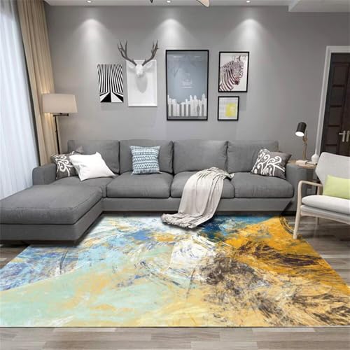 QGYFRE Eingangs-Fußmatte Kinderteppiche Mädchen Teppich küche waschbar rutschfest 50x80CM teppiche fürs kinderzimmer blau Gelber Abstrakter Kunst-Deko-Teppich Schreibtisch von QGYFRE