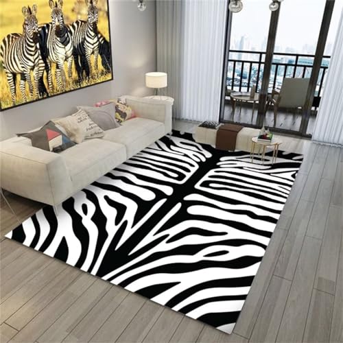 QGYFRE Flurteppich Kleine Teppiche Schwarz 90x120CM dünner Teppich Teppich vorzimmer Weißer waschbarer Wohnzimmerteppich mit Zebramuster von QGYFRE