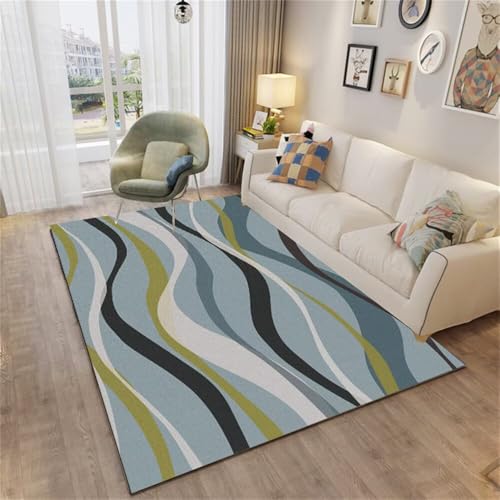 QGYFRE Kinderzimmer Teppich Waschbar esszimmerteppich Grauer abstrakt gestreifter Schallisolierung Kinder blau 90x150CM läufer Flur rutschfest Waschbare Teppiche von QGYFRE