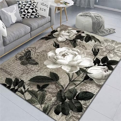 QGYFRE Küchenteppich rutschfest Carpet Living Room 130X190Cm Grau Weißer, Leicht Zu Reinigender, Moderner Wohnzimmer-Flurteppich Mit Blumenmuster von QGYFRE