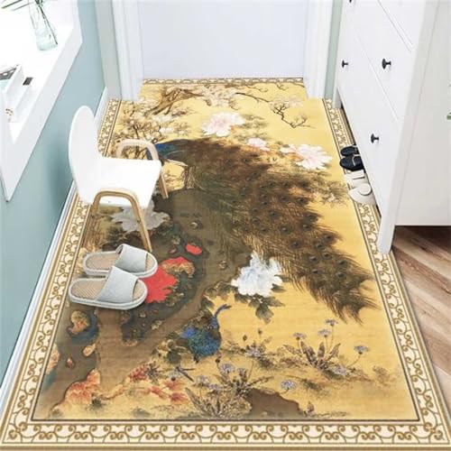 QGYFRE Lauferteppich Flur Teppich Jugendzimmer Jungen küchenteppich rutschfest 80x150CM küchen teppiche Gelb Leicht zu reinigender Teppich mit orientalischem Blumen- und Vogelmuster von QGYFRE
