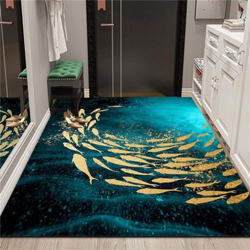 QGYFRE Lauferteppich Flur Teppich Pflegeleicht Flur Teppich 80x150CM Teppich für Wohnzimmer Grün Modischer und bequemer Teppich mit gelbem Fischmuster von QGYFRE