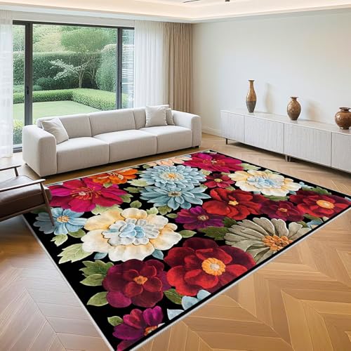 QGYFRE Moderner Wohnzimmerteppich, 3D-Wohnzimmerteppich Mit Rotem Blumenmuster, Waschbare, Weiche Teppichunterlage Für Schlafzimmer, Nachttisch Und Spielzimmer 100x160cm von QGYFRE