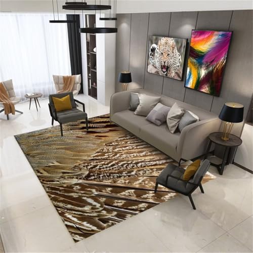 QGYFRE Quadratischer Teppich Schlafzimmer Terassenteppich 160x200CM Wohnzimmer waschbar Braun Tapis au Motif de Plumes. Esszimmer von QGYFRE