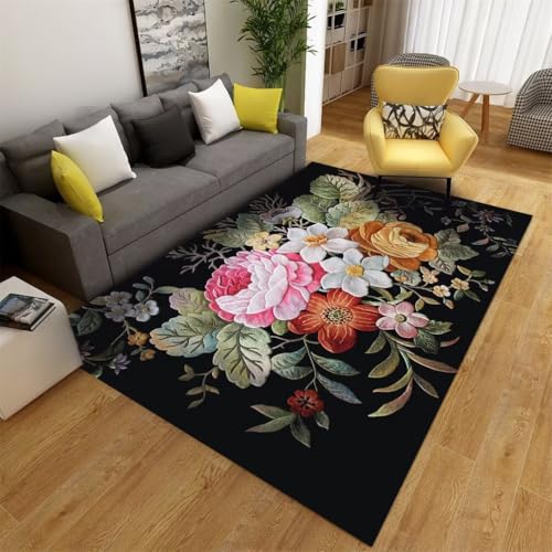 QGYFRE Teppich Für Schlafzimmer Waschbarer Kinderzimmer Moderne teppiche 80x150CM Kinderzimme Tschwarz Tapis floral vert et Rose. 3D-schlafzimmerteppich von QGYFRE