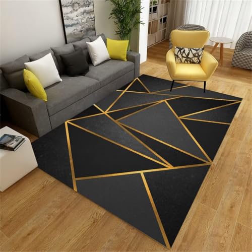 QGYFRE Teppich Kurzflor Outdoor Teppiche Schlafzimmer Kleiner 180x230CM Nachttisch Schwarz-Grau Tapis Moderne à rayures dorées. von QGYFRE