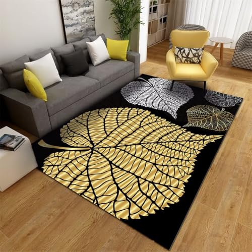 QGYFRE Teppich Rechteckig Verschleißfeste Schalldämmung Flur läufer 100x160CM Balkon Tschwarz Tapis au Motif de feuilles jaunes. rutschfest waschbar Outdoorteppiche von QGYFRE