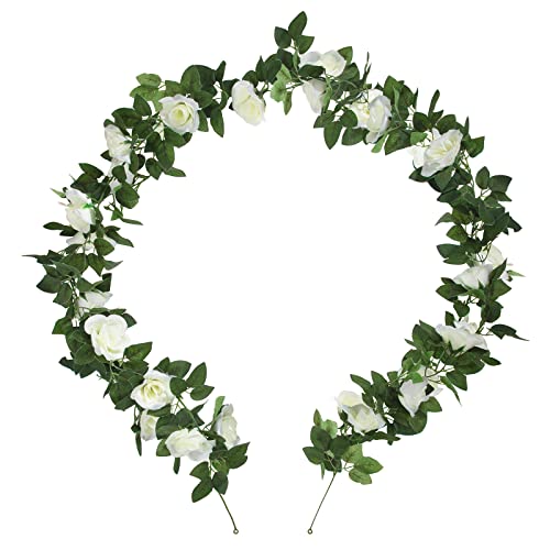 Künstliche Blumen Rosen Girlande Lang Seidenblumen Blumengirlande Pflanzen mit Blättern Deko für Party Hochzeit Garten Zuhause, 2 Stück x 2,3m (Weiß) von QH-Shop