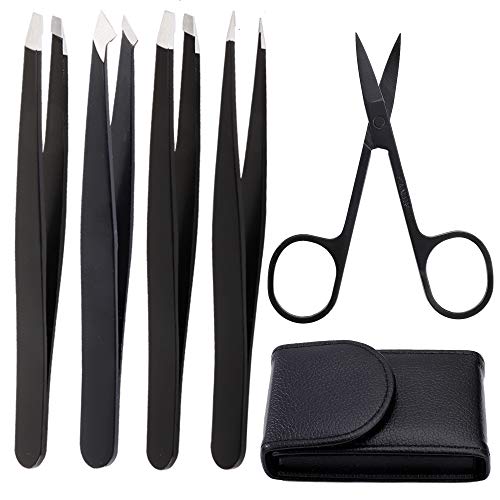 Pinzette Augenbrauen Zupfen, 5tlg Pinzetten Set aus Edelstahl mit Spitze Pinzette, Schrägpinzette, Schere und Ledertasche für Wimpernverlängerung und Haarentfernung von QH-Shop