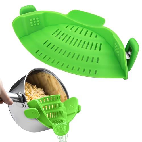Schnappsieb aus Silikon Clip Hitzebeständiges Sieb Silikonsieb Küchensieb für Nudeln Pasta Gemahlenes Rind Gemüse Alle Töpfe und Schüsseln Grün 23x11.5x6.5cm von QH-Shop