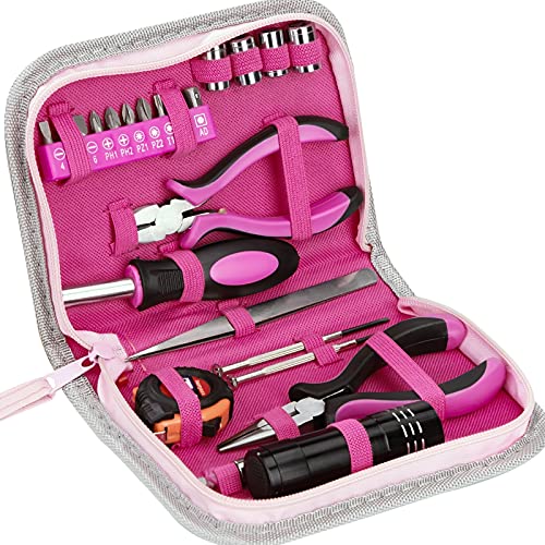 Werkzeugset Rosa Lady Werkzeug Set mit Werkzeugkoffer 23-Teiliges Reparatur Werkzeug Kit mit Schraubendreher Bit Maßband Schneidzange Für Zuhause Büro Fahrrad von QH-Shop