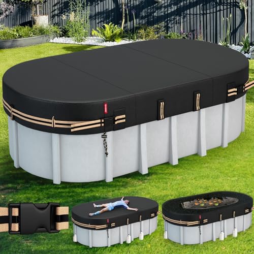 QH.HOME Ovale Poolabdeckung mit schnell festziehendem Kordelzug, ovale Poolabdeckung für oberirdische Pools [langlebig, reißfest] mit gewichttragenden Ringen, 3,6 x 6,8 m von QH.HOME