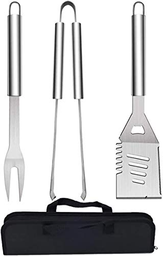 QH7 3PCS Edelstahl Grillbesteck-Set, Professionelle Grill Bestecksets in Tragetasche BBQ Grillwerkzeug Grillset von QH7