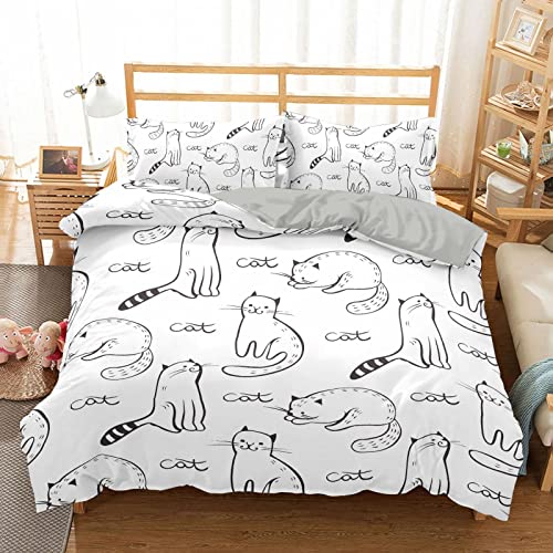Bettwäsche 200x200 Graue Weiße Katze Bettdecke Mikrofaser Bettbezug Weiche und Angenehme Bettwäsche-Sets mit Reißverschluss Bettdecken enthalten 2 Kissenbezug 80x80 von QHDXL