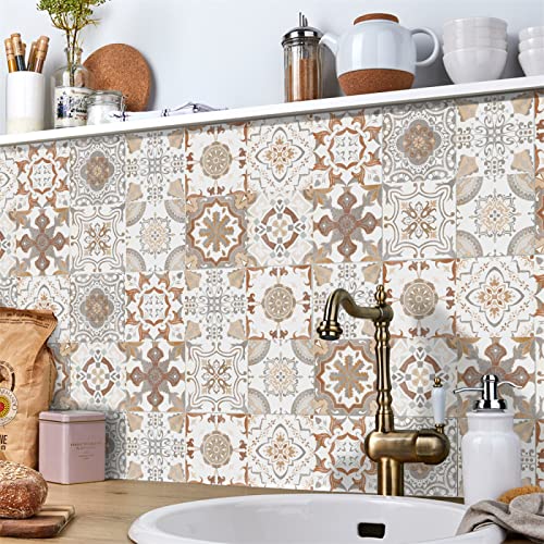 Fliesenaufkleber Beige Braun Marokko Klebefliesen Pvc Deko Mosaikfliesen Wasserdicht Und Ölbeständig Küchenrückwand Folie Fliesenaufkleber Bad Klebefolie Leicht Zu Reinigen 10x10cm/24 Stück von QHDXL