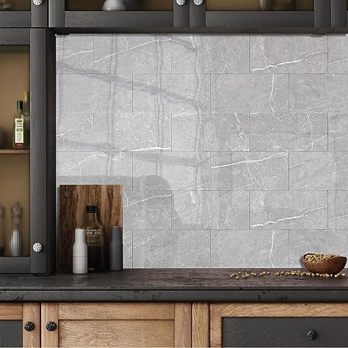 Fliesenaufkleber Eleganter Grauer Marmor Klebefliesen Wasserfest Fliesenaufkleber Bad Vinyl Küchenrückwand Selbstklebend Fliesenaufkleber Küche Deko Fliesenfolie 64 Stück/10x20cm von QHDXL