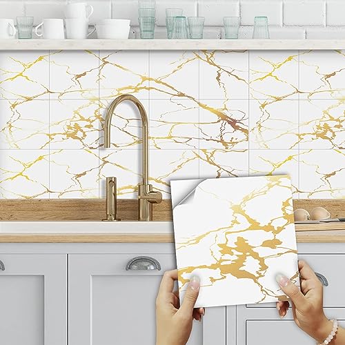 Fliesenaufkleber Gold Gelb Weiß Klebefliesen Wasserfest Fliesenaufkleber Bad Vinyl Küchenrückwand Selbstklebend Fliesenaufkleber Küche Deko Fliesenfolie 10 Stück/10x10cm von QHDXL