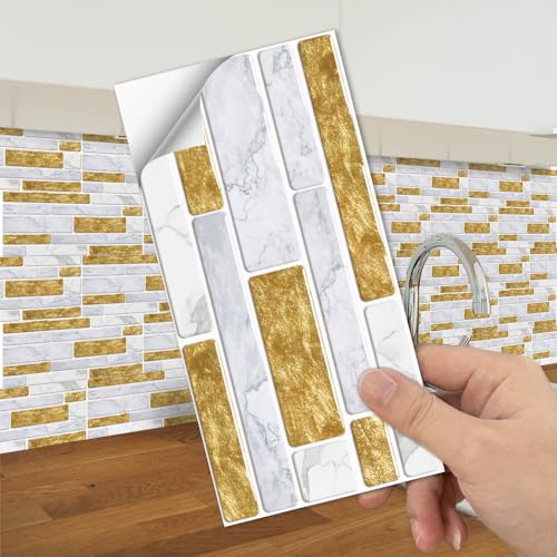 Fliesenaufkleber Gold Weißer Marmor Klebefliesen Wasserfest Fliesenaufkleber Bad Vinyl Küchenrückwand Selbstklebend Fliesenaufkleber Küche Deko Fliesenfolie 54 Stück/20x10cm von QHDXL