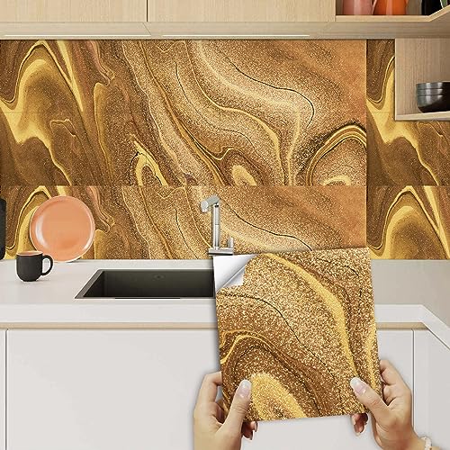 Fliesenaufkleber Goldener Brauner Marmor Klebefliesen Wasserfest Fliesenaufkleber Bad Vinyl Küchenrückwand Selbstklebend Fliesenaufkleber Küche Deko Fliesenfolie 10 Stück/15x15cm von QHDXL