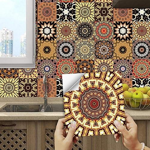 Fliesenaufkleber Mandala Braun Gelb Klebefliesen Wasserfest Fliesenaufkleber Bad Vinyl Küchenrückwand Selbstklebend Fliesenaufkleber Küche Deko Fliesenfolie 10 Stück/10x10cm von QHDXL