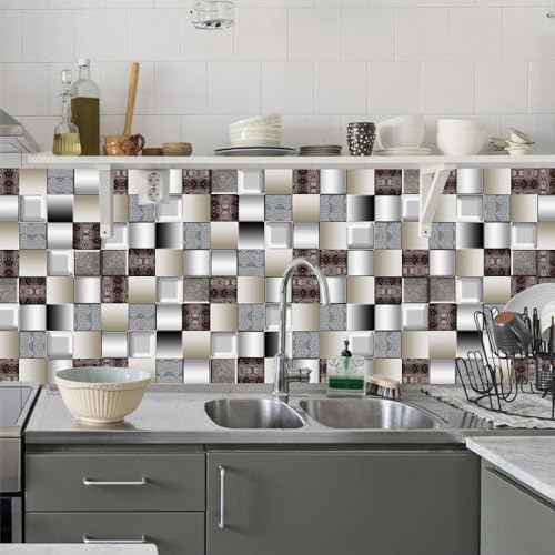 Fliesenaufkleber Mosaik Silber Grau Klebefliesen Wasserfest Fliesenaufkleber Bad Vinyl Küchenrückwand Selbstklebend Fliesenaufkleber Küche Deko Fliesenfolie 10 Stück/15x15cm von QHDXL
