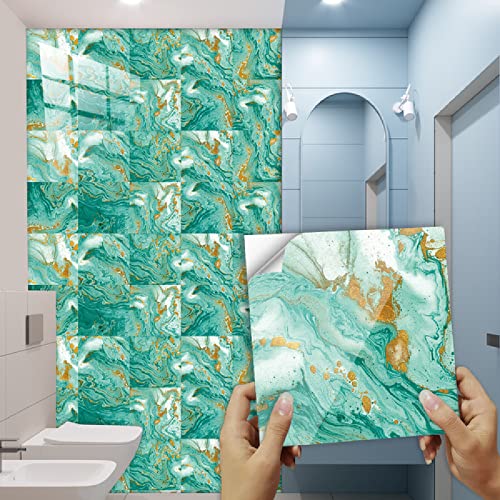 Fliesenaufkleber Türkiser Marmor Klebefliesen Pvc Deko Mosaikfliesen Wasserdicht Und Ölbeständig Küchenrückwand Folie Fliesenaufkleber Bad Klebefolie Leicht Zu Reinigen 10 Stück/10x10cm von QHDXL