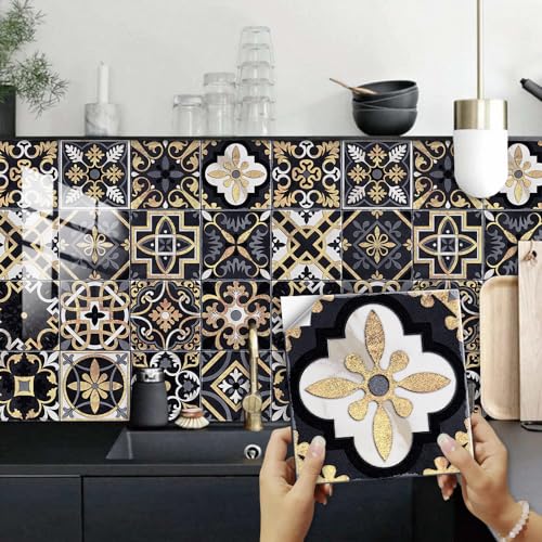 Schwarzes Gold Marokko Fliesenaufkleber 10 Stück/20x20cm PVC Vinyl Wasserfest Selbstklebend Fliesen Bad Vinyl Küchenrückwand Deko Fliesenfolie von QHDXL