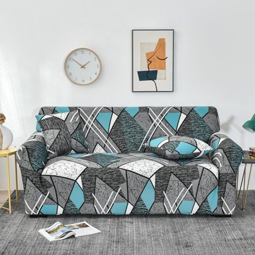 Sofa überzug Grau Geometrisch Blau Sofabezug Elastischer Couch überzug Waschbar Sofa Cover Universal Sofabezug l Form Sofaüberwurf Sofaschoner Für Hunde Haustiere Sofahusse 4 Sitzer von QHDXL