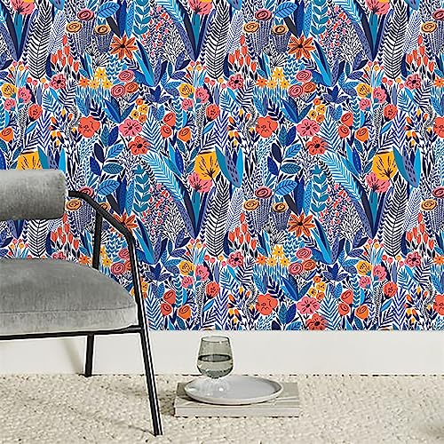 Tapete Blau Orange Floral Klebefolie Möbel Waterproof Selbstklebende Tapete for Küchenrückwand Schlafzimmer Living Room Vinyl Tapete Selbstklebend DIY Wallpaper 2P (40x250cm) von QHDXL