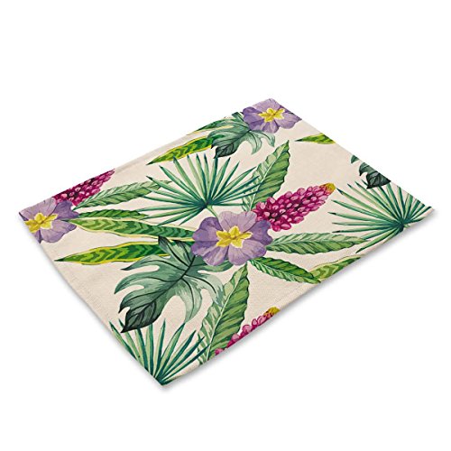 Tischsets Abwaschbar Lila Grüne Blumen Platzsets Abwaschbar Hitzebeständig 2er Set Platzdeckchen Schmutzabweisend Tischuntersetzer für Küche Speisetisch Tischunterlage (45x30cm) von QHDXL