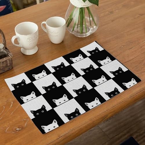 Tischsets Abwaschbar Schwarze Weiße Katzen Platzsets Abwaschbar Hitzebeständig 2er Set Platzdeckchen Schmutzabweisend Tischuntersetzer für Küche Speisetisch Tischunterlage (45x30cm) von QHDXL