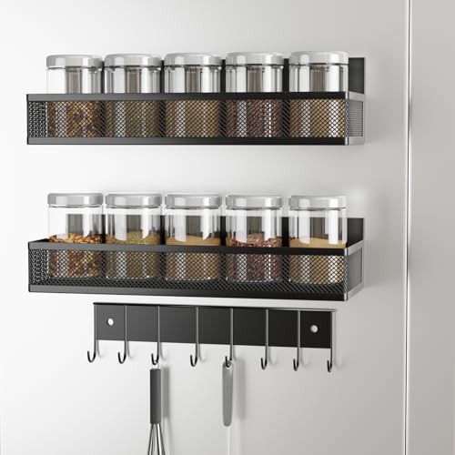 QHENS 3 Stück Kühlschrank Regal Magnetisch mit 8 Haken, Kühlschrank Gewürzregal Magnetisch Ohne Bohren Magnetische Regal aus Metall, für Kühlschrank, Schwarz von QHENS