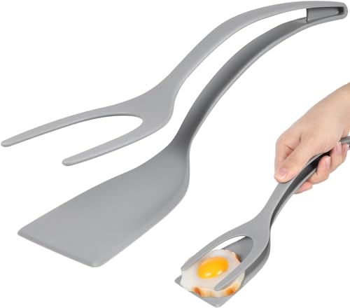 QHFlashbuy Spiegelei Doppelspatel,2-in-1Silikon-Eierwender Klemme Hitzebeständig Pfannkuchen Spatel Antihaft Kochen Spatel für Essen Grip und Flip(Grau) von QHFlashbuy