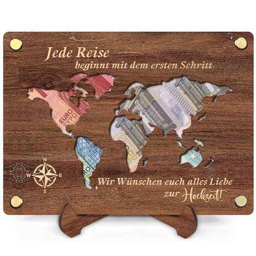 QHHENTOO Geldgeschenk Reise - Geldgeschenk aus Holz inkl. Ständer - Reise Geld Geschenk - Weltkarte Urlaub Geschenk - Reisekasse Urlaubskasse Deko von QHHENTOO