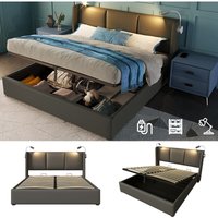 Polsterbett Doppelbett Stauraum Bettkasten Leselicht mit usb Ladefunktion Kopfteil,Stauraumbetten Bettgestell pu Jugendbett 140x200 mit von QHJ