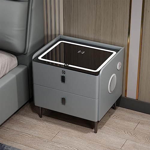 QHLIANGL Intelligenter Nachttisch mit Ladestation, LED-Leuchten, Bluetooth-Lautsprecher und Fingerabdruckschloss – Moderner Beistelltisch mit 2 Schubladen für Schlafzimmer und Wohnzimmer von QHLIANGL