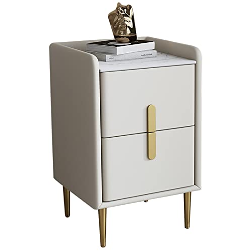 QHLIANGL Mid-Century Modern Nachttisch, minimalistischer Nachttisch mit gesinterter Steinplatte, cremefarbener Sofatisch aus Mikrofaserleder für Schlafzimmer und Wohnzimmer, 35 x 35 x 55 cm von QHLIANGL